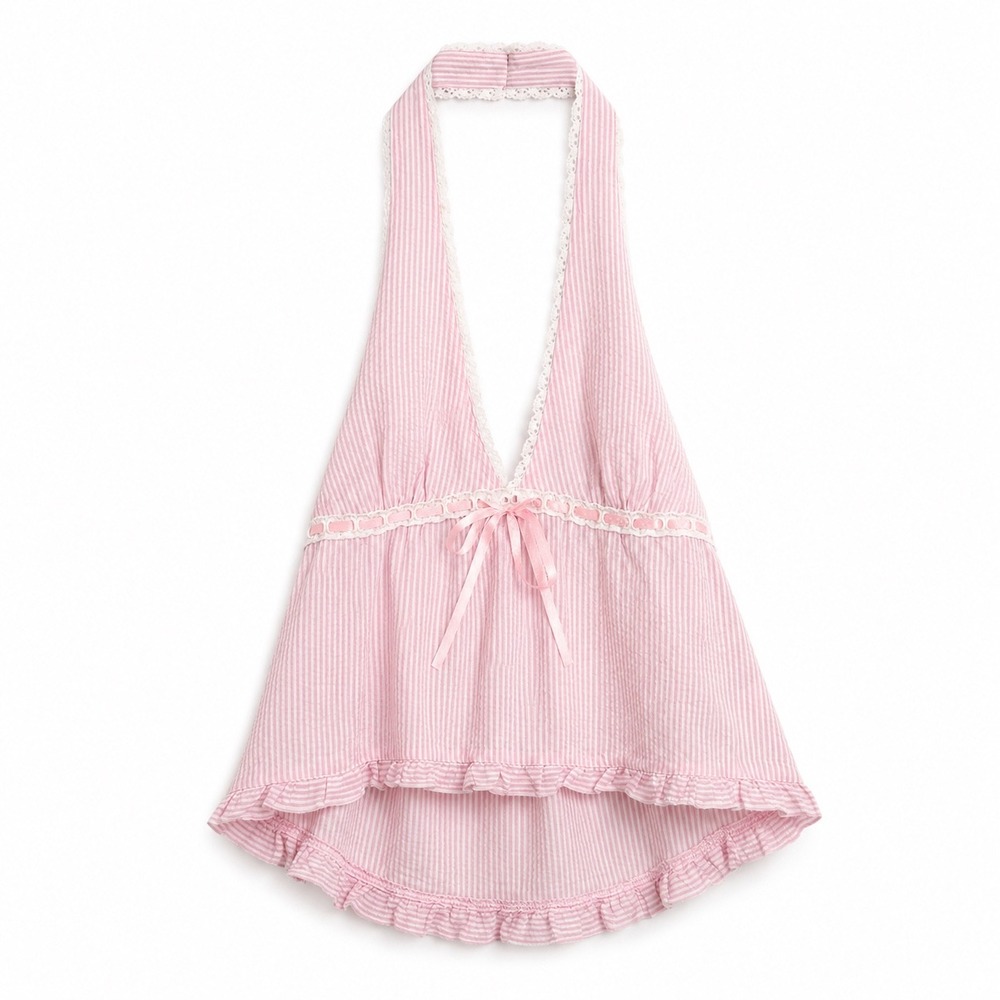 PacSun Your Favorite Halter Top Womens Size S Pink Seersucker Y2K Ruffle Lace